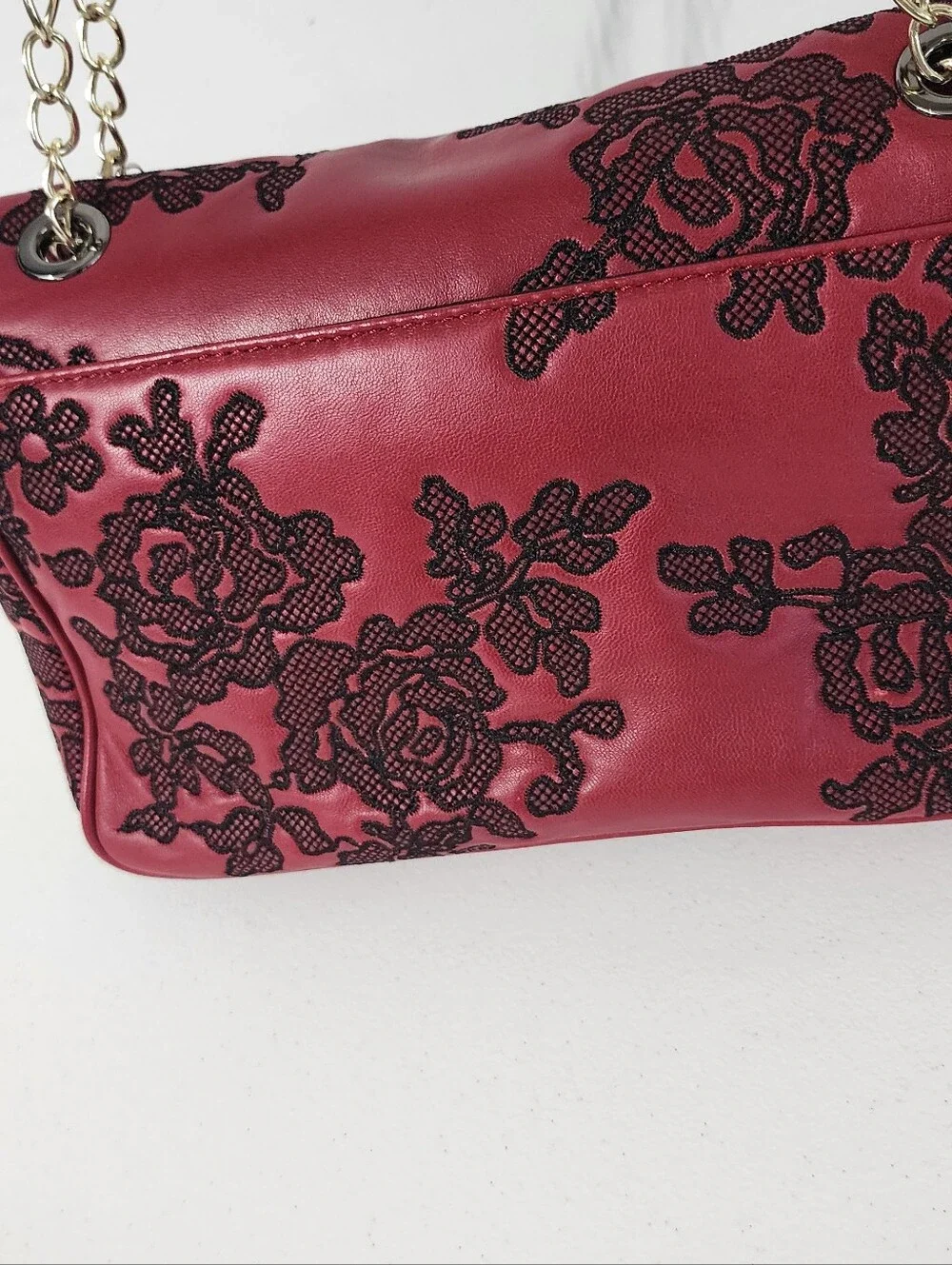 Michael Kors Red Shoulder Bag with Black Lace Overlay & Chain Strap